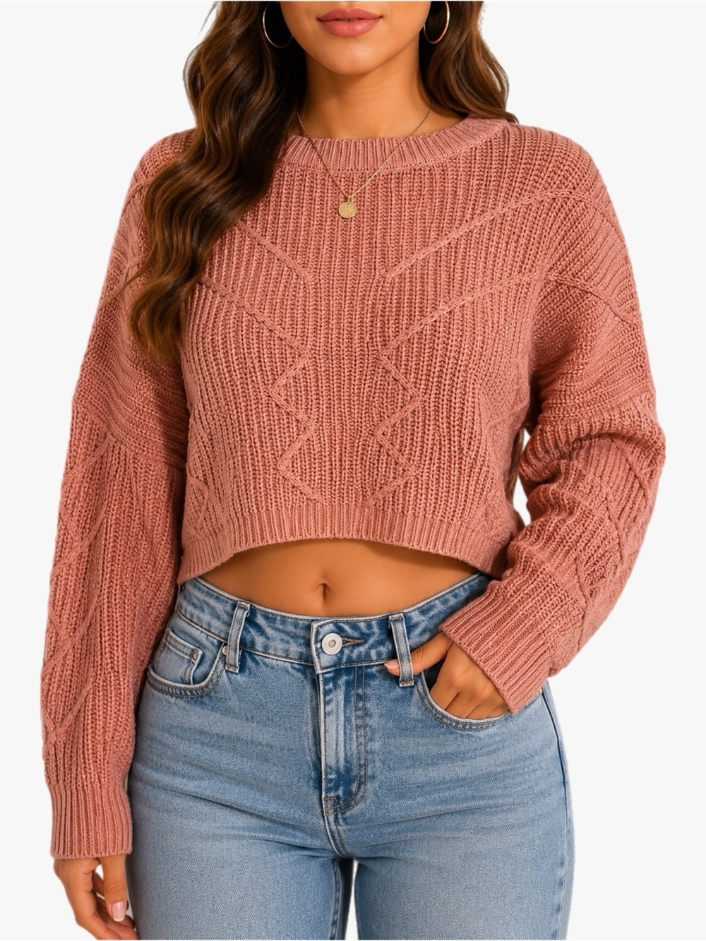 Fashion Nova Dusty Rose Cable Knit Cropped Sweater Size Medium